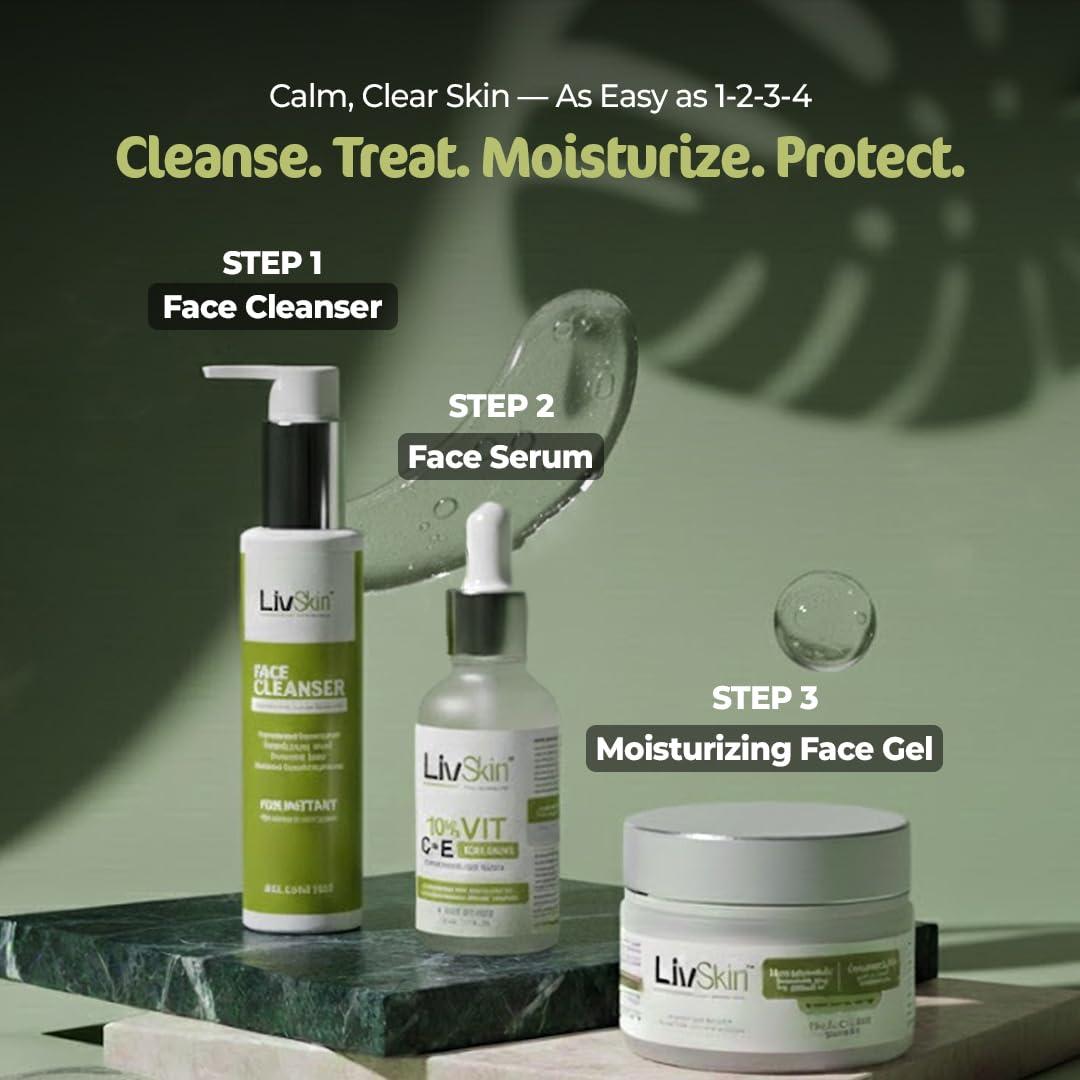 LivSkin routine: cleanser, serum and moisturizing gel