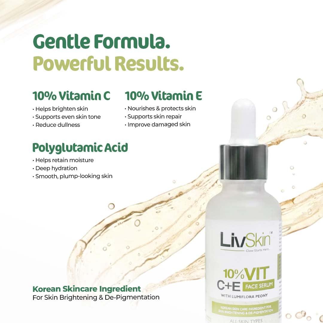 Serum ingredients: Vitamin C, Vitamin E and Polyglutamic Acid